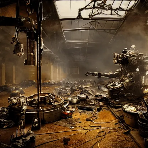 Image similar to cutlery mecha, dark messy smoke - filled cluttered workshop, dark, dramatic lighting, orange tint, cinematic, highly detailed, sci - fi, futuristic, movie still