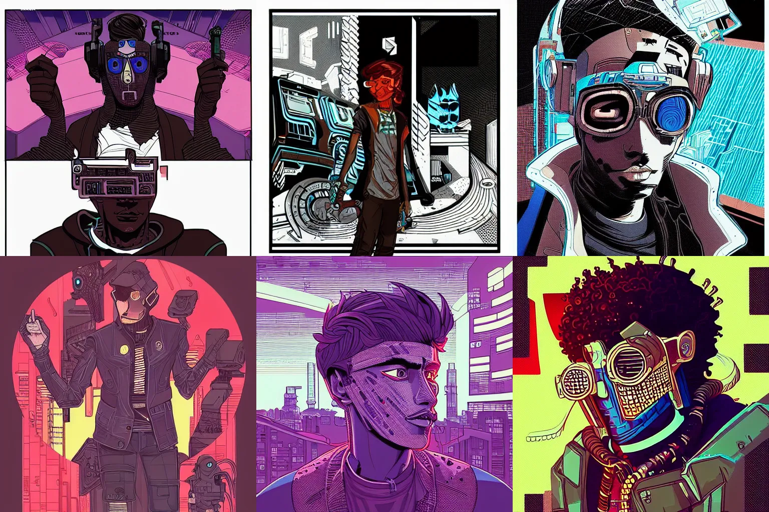 Prompt: “in the style of josan Gonzalez a young and suave brown skinned cyberpunk teenager, highly detailed”
