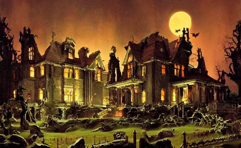 Image similar to halloween scene of a haunted mansion surrounded by ancient monoliths with glowing ghosts. highly detailed science fiction painting by norman rockwell, frank frazetta, and syd mead. rich colors, high contrast, gloomy atmosphere, dark background. trending on artstation