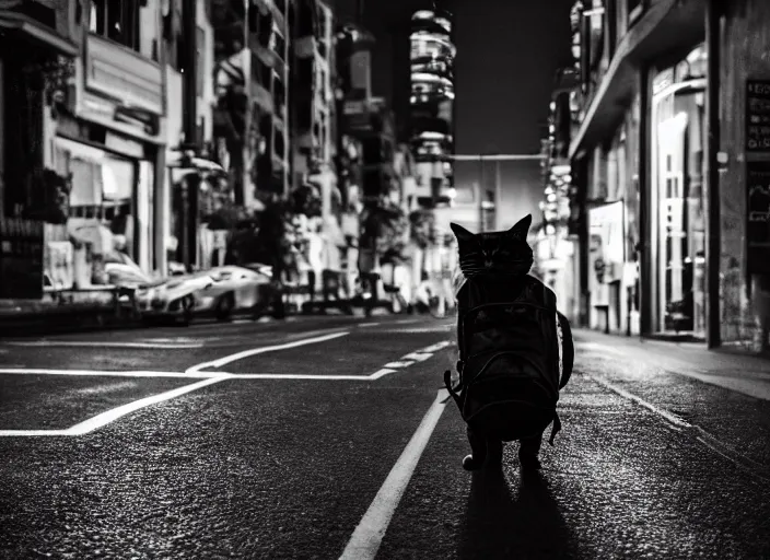 Image similar to photography of a Cat carrying a backpack . in a cyberpunk street. award winning photo, led lighting, night, 24mm, sharp, high res