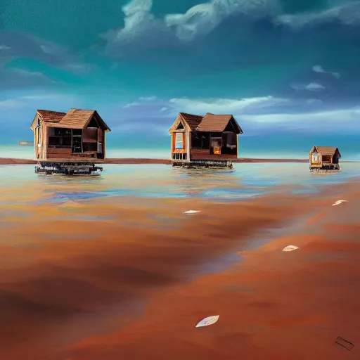 Prompt: wood houses floating on the ocean, RHADS, sharp image, 8K HD