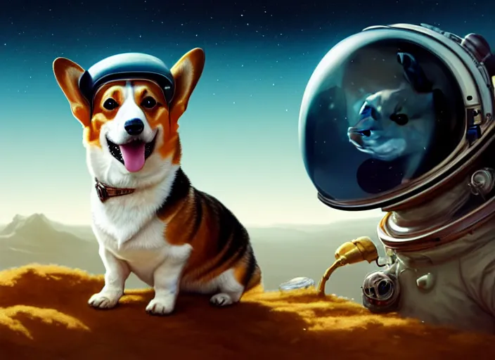 Image similar to highly detailed illustration of a corgi wearing a space helmet on an alien planet, artstation, cinematic lighting, hyperdetailed, cgsociety, 8k, high resolution, Charlie Bowater, Tom Bagshaw, Norman Rockwell, insanely detailed and intricate