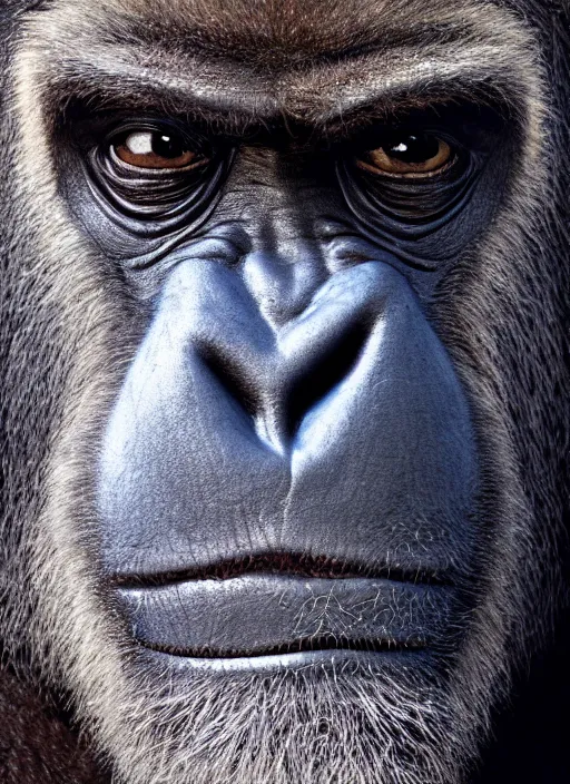 Image similar to platon closeup photograph of harambe in a suit, photorealistic, studio lighting, ektachrome, detailed, intricate, face detail