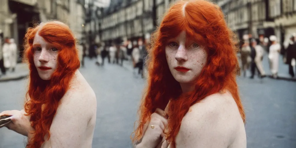Prompt: a young red haired woman with freckles looks deeply into the camera, 1920's london street, velvia 100, 50mm, f4.0, 1920's style photo