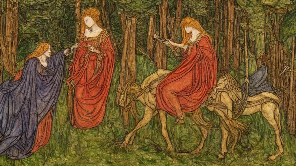 Prompt: film still from gawain and the green knight in the style of edward burne jones, walter crane, frank dicksee, 4 k resolution