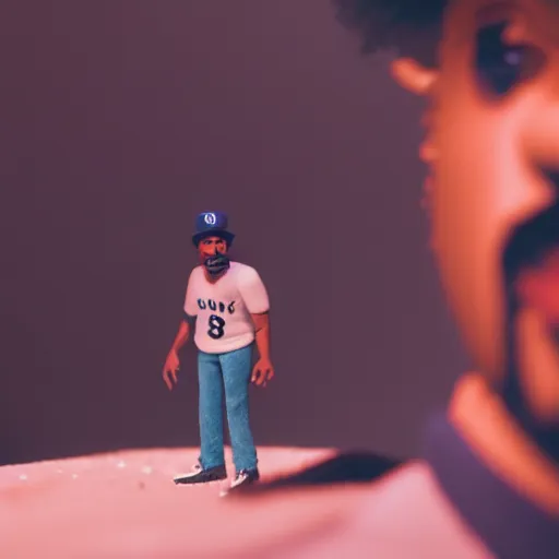 Image similar to a cinematic film still of a claymation stop motion film starring chance the rapper as a college student, shallow depth of field, 8 0 mm, f 1. 8