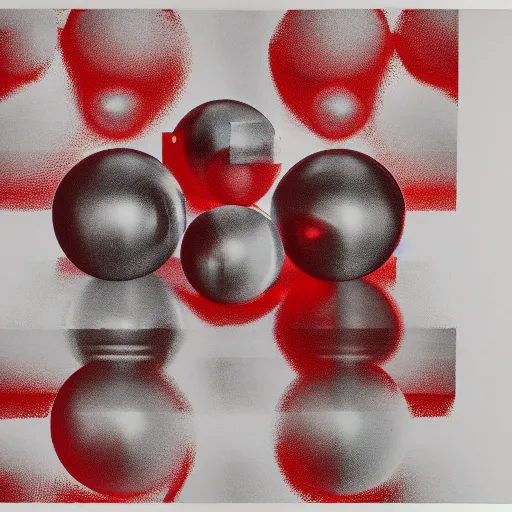 Prompt: chrome spheres on a red cube, lithography