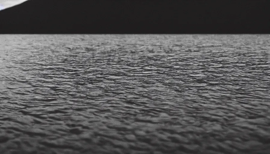 Prompt: wide shot of a rope on the surface of water, in the middle of a lake, overcast day, rocky foreground, 2 4 mm leica anamorphic lens, moody scene, stunning composition, hyper detailed, color kodak film stock