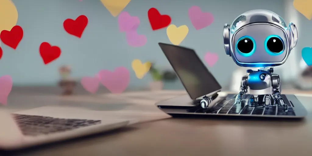 Prompt: a cute tiny robot with big eyes and a big head sitting in a keyboard of a laptop writing letter with cute hearts floating around the picture photorealistic