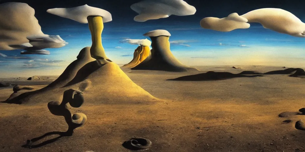 Image similar to surrealist alien landscape, realistic photography, salvador dali, 8k, hd