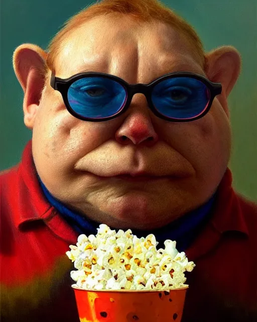Prompt: hyper realistic oil painting of a fat toad wearing anachrome! glasses, popcorn pot, vibrant colors, high contrast, by greg rutkowski and denis villeneuve, trending on artstation