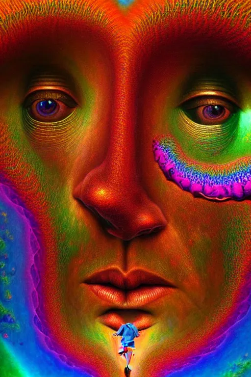 Image similar to hyperrealistic abstract close-up Renaissance psychedelic!! celestial happy! pure creature!! peaceful! kind spirit of nature! beautiful fractal!! eyes! highly detailed concept art eric zener elson peter cinematic hard rainbow lighting high angle hd 8k sharp shallow depth of field endless, inspired by Zdzisław Beksiński Salvador Dali