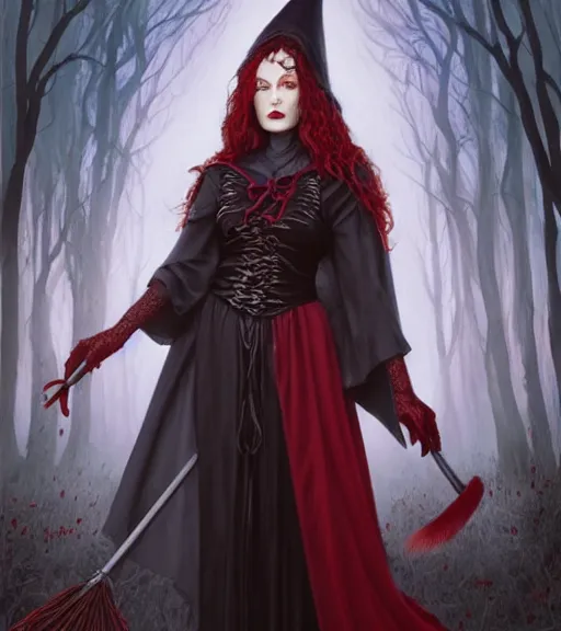 Prompt: Full body Portrait of gorgeous old Witch, with dark grey hair, pale skin, red eyes, classical witch robe, magic broom, pointy witch hat, visible face, magical cauldron, D&D, DND, extremely detailed, detailed face, modest, high fantasy, matte painting, by artgerm and Craig Mullins, James Jean and Clyde Caldwell, trending on artstation artstationHD, artstationHQ, cgsociety, HD 16K, octane