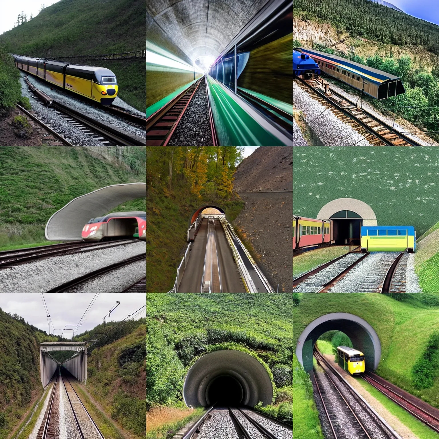 Prompt: a train driving through a tunnel made from glass