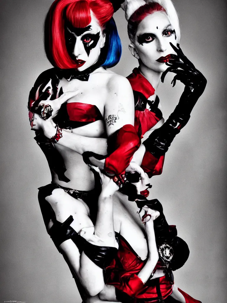 Image similar to dramatic pinup portrait of lady gaga as harley quinn, fashion photography,