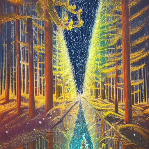 Image similar to bright nordic forest, sparkling spirits, detailed wide shot, crayon, ground detailed, wet eyes reflecting into eyes reflecting into infinity, beautiful lighting