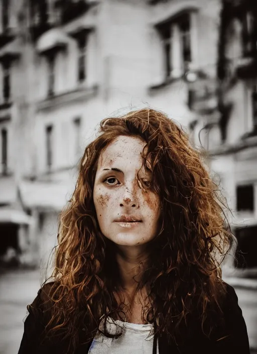 Prompt: Mid-shot portrait of a beautiful 30-year-old woman from Moldova, with freckles and wavy hair, candid street portrait in the style of Mario Testino award winning, Sony a7R