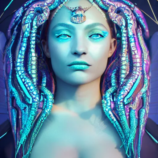 Image similar to unreal engine, octane render, 8 k, sandro botticelli portrait of egyptian sumerian goddess princess intergalactica, nautical siren, lady of elche, queen of heaven, techno mystic goddess, with aqua neon dreadlocks, teal eyebrows encrusted with diamonds, wearing iris van herpen haute couture, star - gate of futurisma,