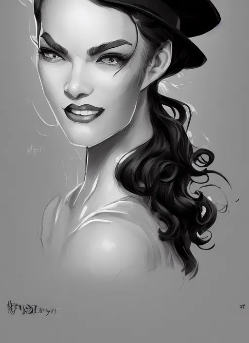 Prompt: a highly detailed illustration of curly short haired girl wearing noir hat and suit and tie, dramatic smiling pose, intricate, elegant, highly detailed, centered, digital painting, artstation, concept art, smooth, sharp focus, league of legends concept art, WLOP