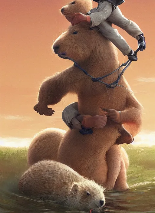 Image similar to ultradetailed photograph of joe biden riding a capybara by artgerm and Craig Mullins, James Jean, Andrey Ryabovichev, Mark Simonetti and Peter Morbacher 16k