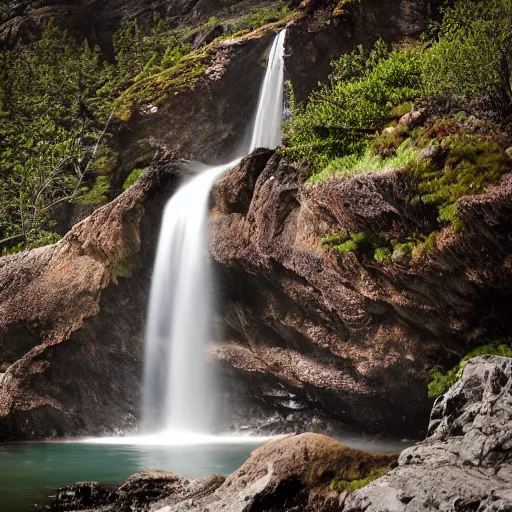 Prompt: A waterfall flowing over a cliff into a rocky cove below, detailed, sharp focus, dynamic lighting, 100mm lens by Alyn Spiller and Alayna Danner