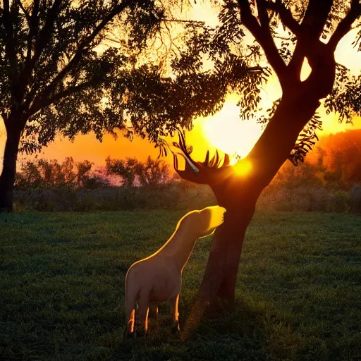 Prompt: animals made of leaves trees and vines, sunset magic hour backlit photography, bokeh