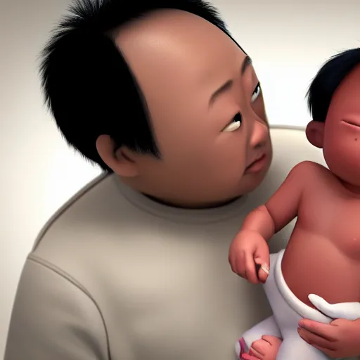 Image similar to a shocked asian man holds dark skinned baby at hospital, he can ’ t believe his eyes, award winning art, pixar, 3 d render, unreal engine