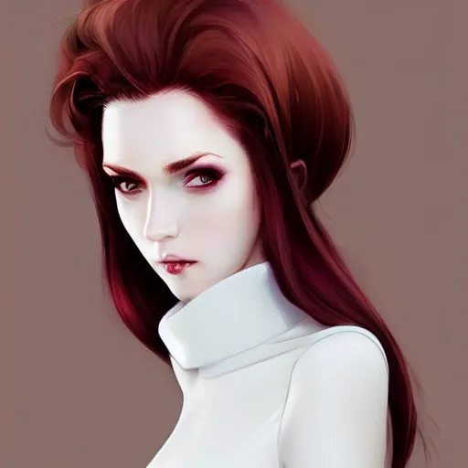 Image similar to beautiful pale vampire with auburn hair in a white turtleneck dress, on a super yacht, by guweiz and wlop and ilya kuvshinov and and moebius and bilal and artgerm, symmetrical eyes, aesthetic, gorgeous, stunning, alluring, attractive, half body portrait, artstation, deviantart, pinterest, digital art