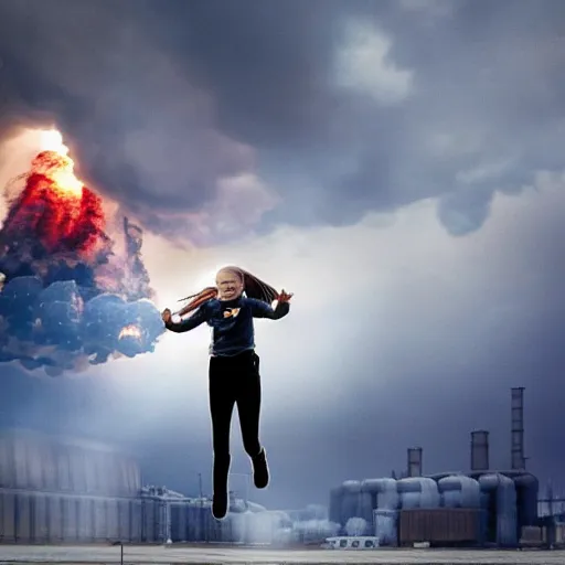 Image similar to epic photo of greta thunberg flying as superman realistic backlit background oil refinery explosions and black smoke