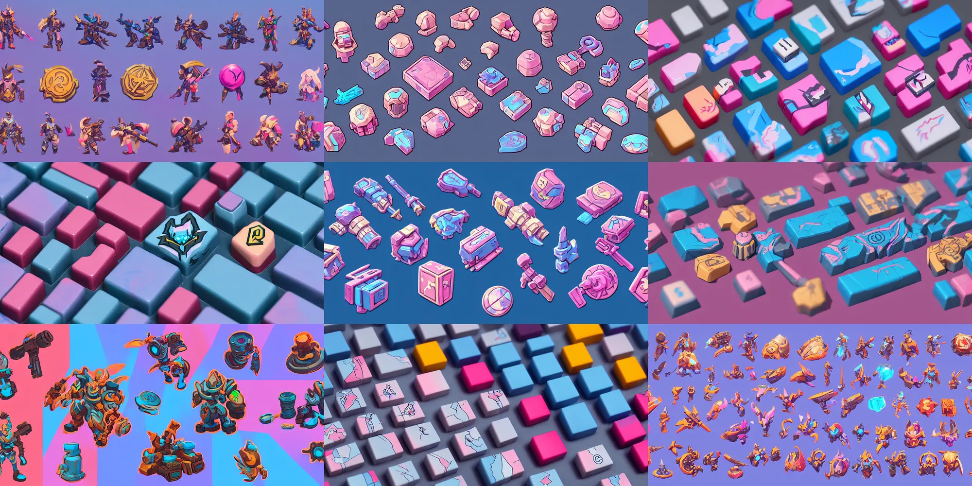 Prompt: game asset of artisan keycaps, in gouache detailed paintings, props, stylized, 2 d sprites, kitbash, arcane, overwatch, blue and pink color scheme, 8 k, close up