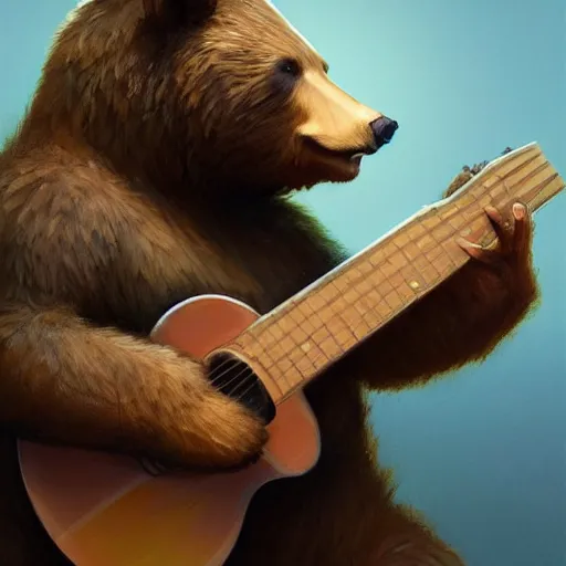 Image similar to realistic bear holding a triangular wooden triangle + guitar sound hole + guitar neck, highly detailed, digital painting, artstation, concept art, smooth, sharp focus, illustration, cinematic lighting, art by artgerm and greg rutkowski and alphonse mucha