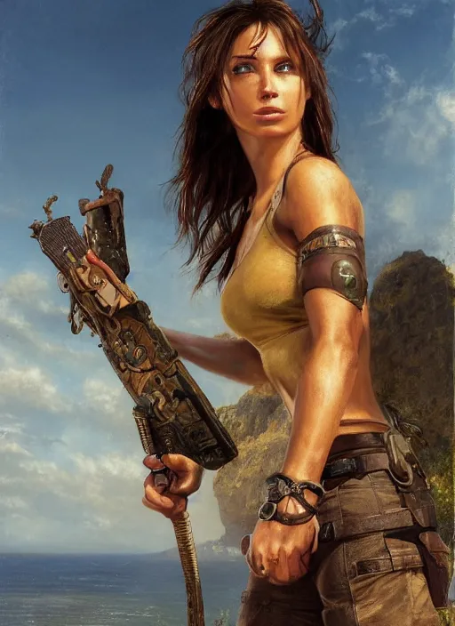 Image similar to Lara Croft posing in a crop top, golden hour, Lilia Alvarado, Sophie Anderson, Mark Arian, Bob Byerley, Charlie Bowater, Mark Brooks, Steve Henderson, Justin Gerard, Arthur Hughes, Edward Robert Hughes, Mark Keathley, Victor Nizovtsev, Carlos Shwabe, Ross Tran, WLOP