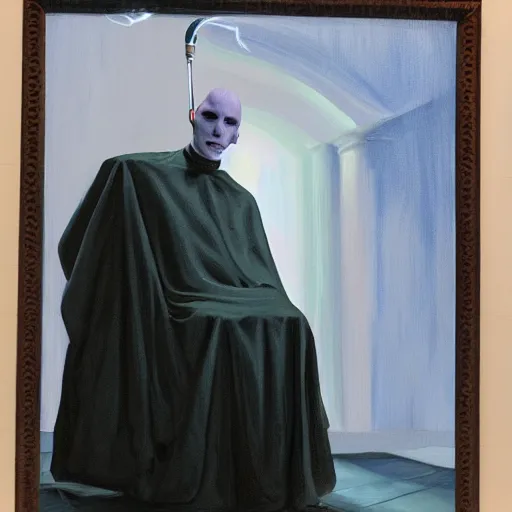 Image similar to voldemort getting a haircut oil painting