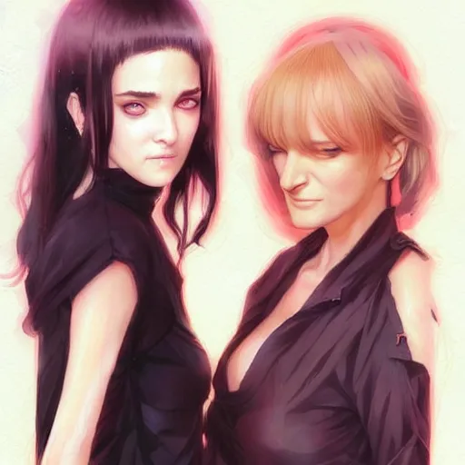 Image similar to jennifer connelly and uma thurman as a beautiful anime girls by wlop and greg rutkowski