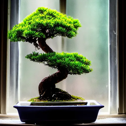 Image similar to a miniature bonsai in a window, inside a room, 8k, hdr, warm lighting, sunlight coming through the window