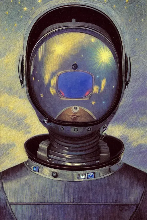 Image similar to portrait of a beautiful chrome gay male robot wearing a space helmet, reflections, mirroring, stars in space, rich clouds, warm azure tones, heavy lensflare, color bleed, film grain, depth of field, jules bastien - lepage, rudolph belarski, johfra bosschart, alexandre cabanel