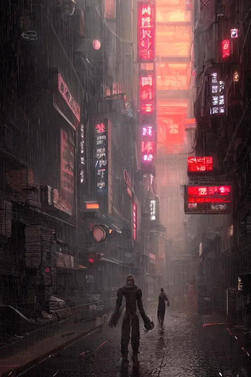 Prompt: a cyberpunk samurai in a raining cobblestone alleyway in tokyo, neon lights, full moon, fog cinematic greg rutkowski