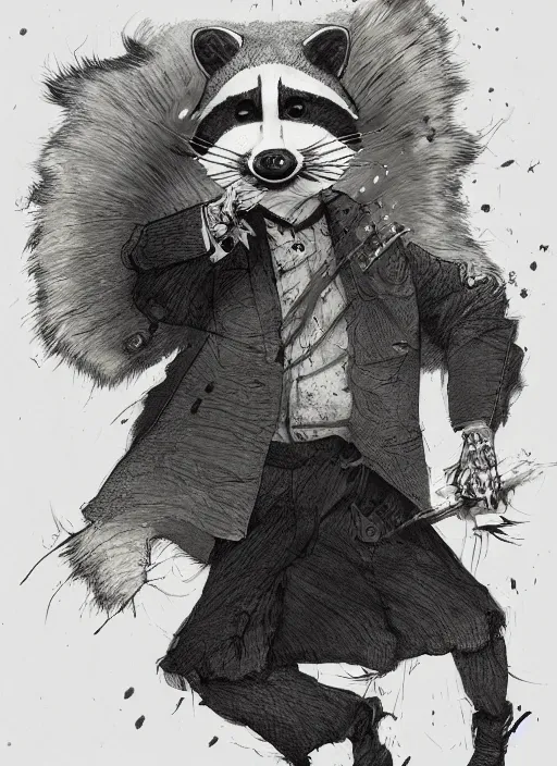 Image similar to a dramatic illustration portrait of an anthropomorphic raccoon mob boss, by posuka demizu, by stephen gammell, by victo ngai, by george ault, in the style of animal crossing, artstation