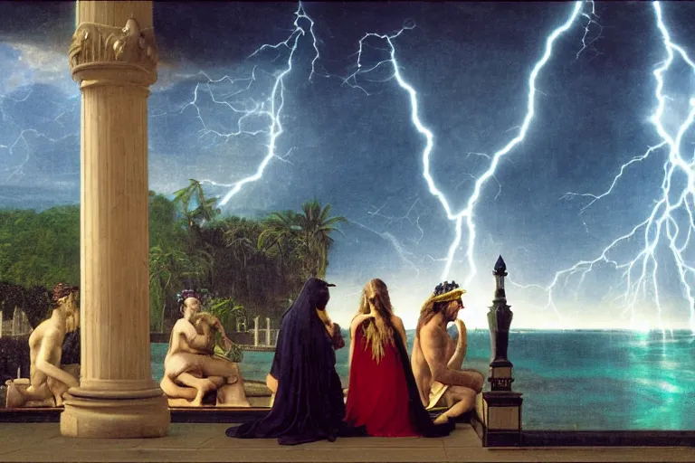 Image similar to Occult spirit on front of balustrade and palace columns, refracted lightnings on the ocean, thunderstorm, tarot cards characters, beach and Tropical vegetation on the background major arcana sky and occult symbols, by paul delaroche, hyperrealistic 4k uhd, award-winning, very detailed paradise