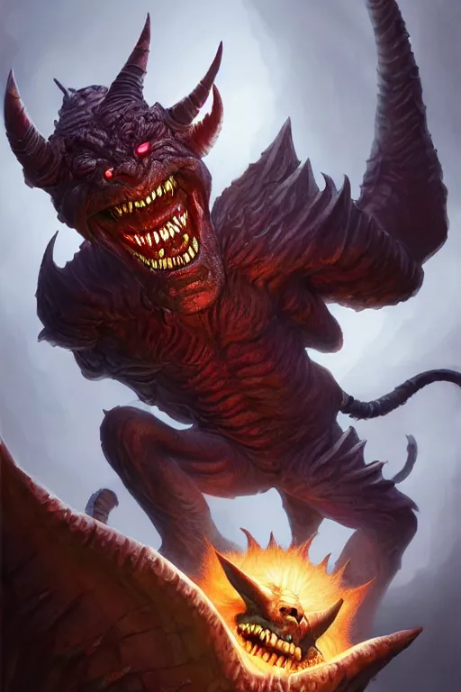 Prompt: demon imp grinning, highly detailed, d & d, fantasy, highly detailed, digital painting, trending on artstation, concept art, sharp focus, illustration, global illumination, ray tracing, realistic shaded, art by artgerm and greg rutkowski and fuji choko and viktoria gavrilenko and hoang lap, sunny