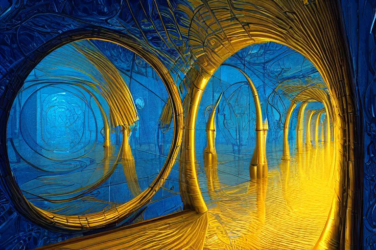 Prompt: epic gateway of translucent blue liquid, inside an intricate golden frame to another world, art by gonsalves, rob and hildebrandt, tim, dramatic lighting, 8 k resolution, unreal engine, very elegant, wide angle lens