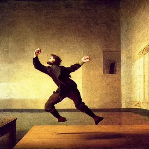 Image similar to a man boisterously dancing around the room by himself holding a single empty bottle as he jumps in the air, fine detail, dramatic lighting, award-winning photo UHD, 4K, by (Leonardo da Vinci)