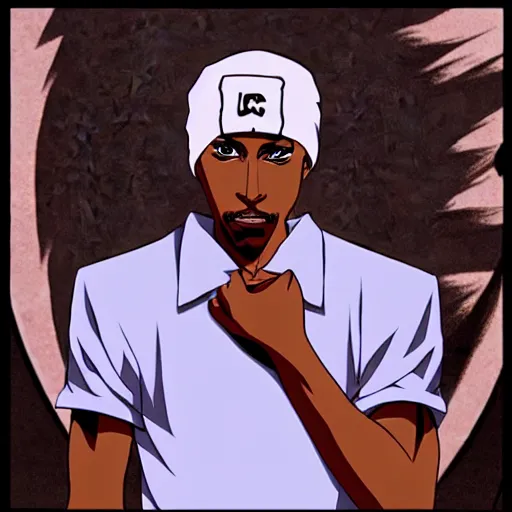 Image similar to Tupac Shakur, screenshot from a 2012s anime