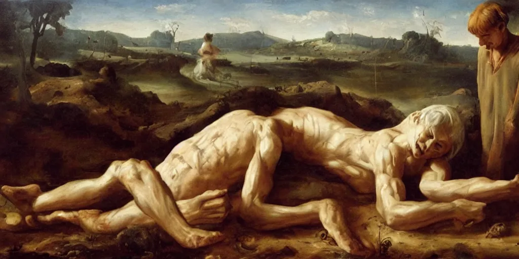 Image similar to high quality high detail painting, david next to giant goliath dead body on the floor