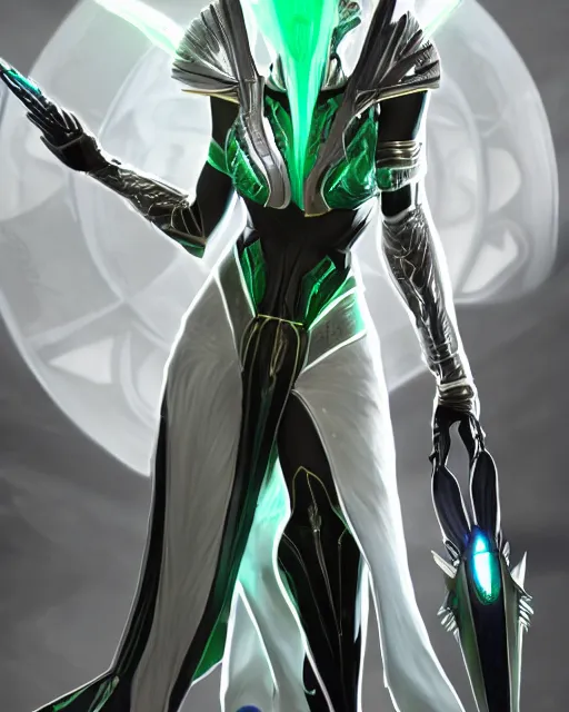 Image similar to perfect white haired attractive egyptian goddess, warframe armor, beautiful, symmetric, dreamy, half asian, pretty face, green eyes, charlize theron, detailed, scifi platform, laboratory, experiment, 4 k, ultra realistic, epic lighting, android body, illuminated, cinematic, masterpiece, art by akihito tsukushi, voidstar