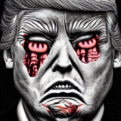 Image similar to trump scariest horror nightmare by junji ito, digital art, deepdream cosmic, 3 d high definition, trending on artstation, photorealistic, high resolution, 8 k, octane, hyper detailed, trending on deviantart insane details, intricate, elite, ornate, elegant trend, highly detailed and intricate, sharp focus, photography, unreal engine