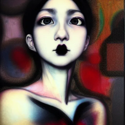 Image similar to yoshitaka amano blurred and dreamy realistic three quarter angle portrait of a beautiful young woman with black lipstick and black eyes wearing dress suit with tie, junji ito abstract patterns in the background, satoshi kon anime, noisy film grain effect, highly detailed, renaissance oil painting, weird portrait angle, blurred lost edges