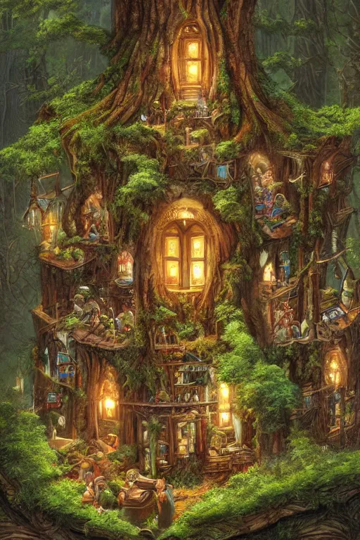 Image similar to a miniature city built into the trunk of a single colossal tree in the forest, with tiny people, in the style of ralph horsley, lit windows, close - up, low angle, wide angle, awe - inspiring, highly detailed digital art