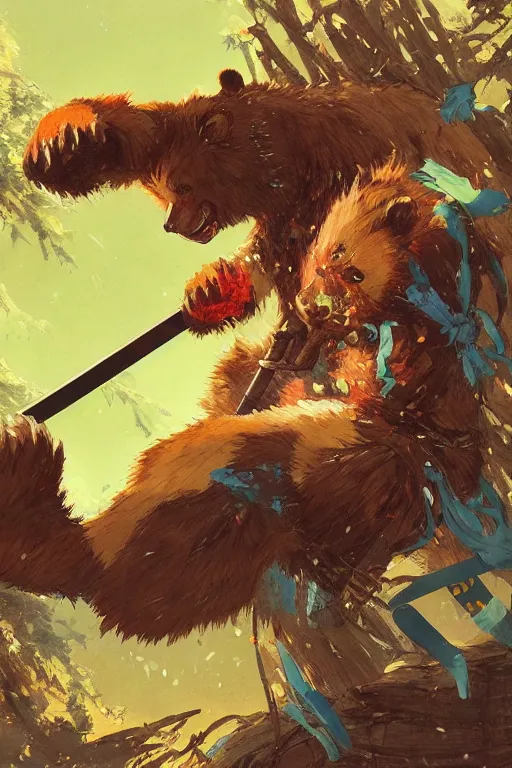 Image similar to key anime visuals rendering of a bear dressed as a ninja fighting with a katana. colorful design. higly detailed, intricate, greg rutkowski, directed by makoto shinkai, anime manga style, trending on art station.