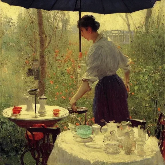 Image similar to a gorgeous housewife putting dishes on a table in the backyard, the table has a parasol, rainy scene, 1 9 5 0's, medium symmetry, by ilya repin, extreme detail, 8 k, intricate abstract, photorealistic